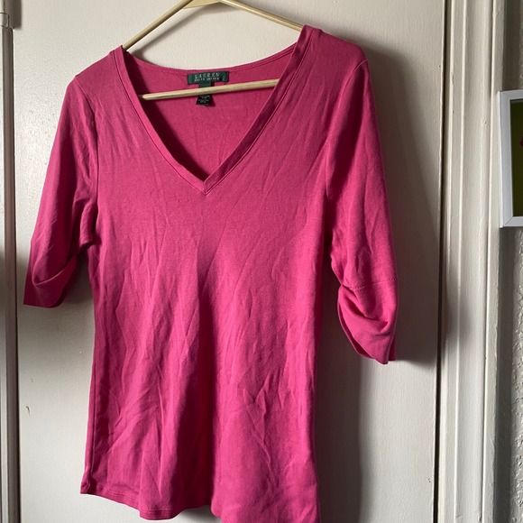 Lauren Ralph Lauren Pink V-Neck Top 1/2 Sleeve Knit Shirt Womens tee prep preppy - Picture 2 of 6